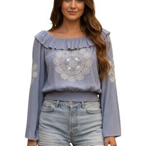 American Eagle Boho Floral Embroidered Crop Top Smocked S Coastal Cottagecore